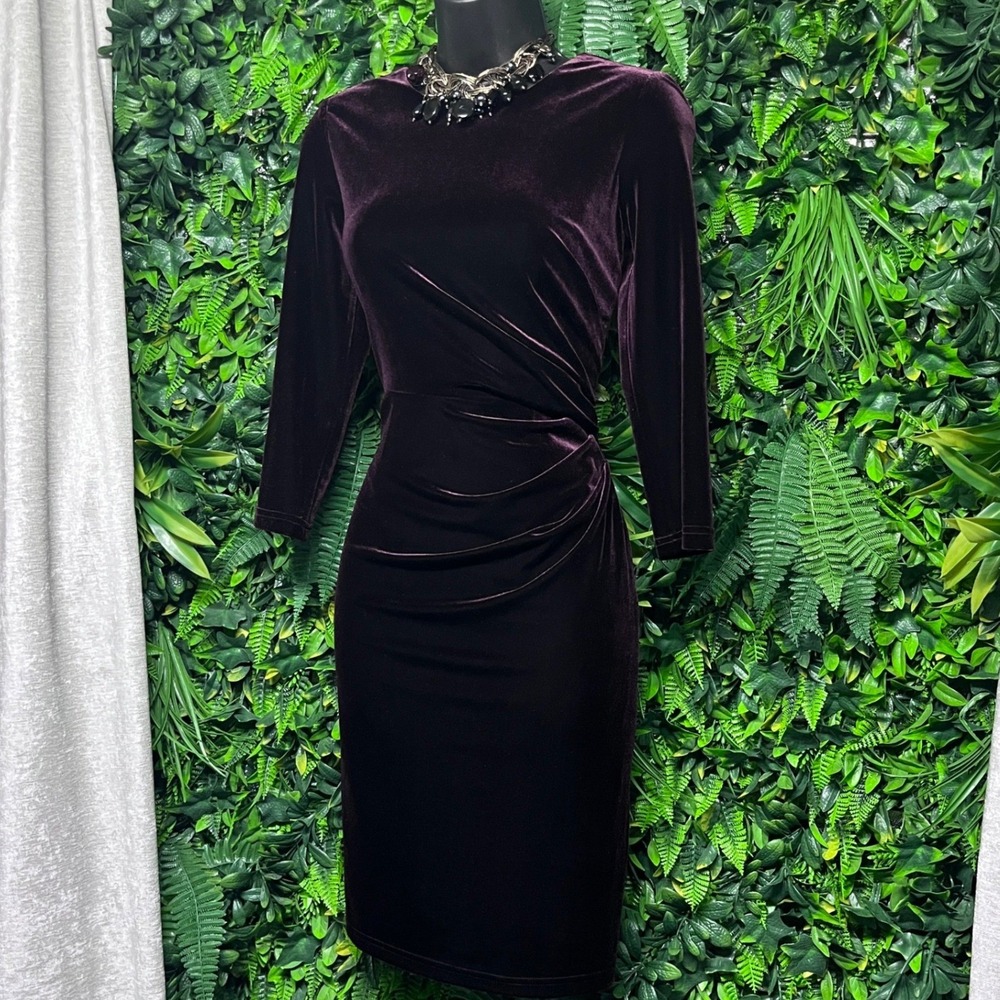 Eliza J Dress Size 4P Plum Purple Velvet Ruched Sheath 3/4 Sleeve Cocktail 4213